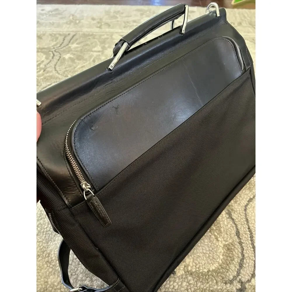 Tumi Park Lane Black Leather Nylon Expandable Briefcase Postman Crossbody Bag